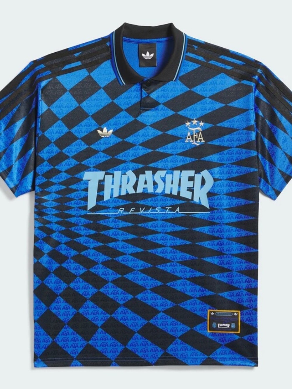 adidas Blue and Black Thrasher Geo Polo Soccer Shirt